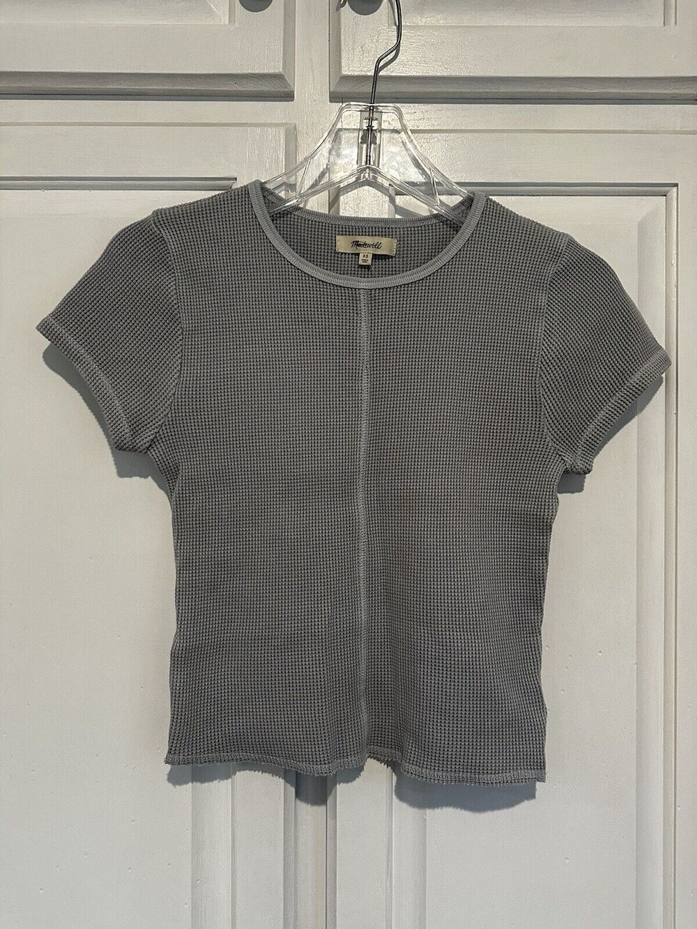 NWT Madewell Women's Gray Waffle Knit Crew Neck Short Sleeve Crop Shirt Size XS